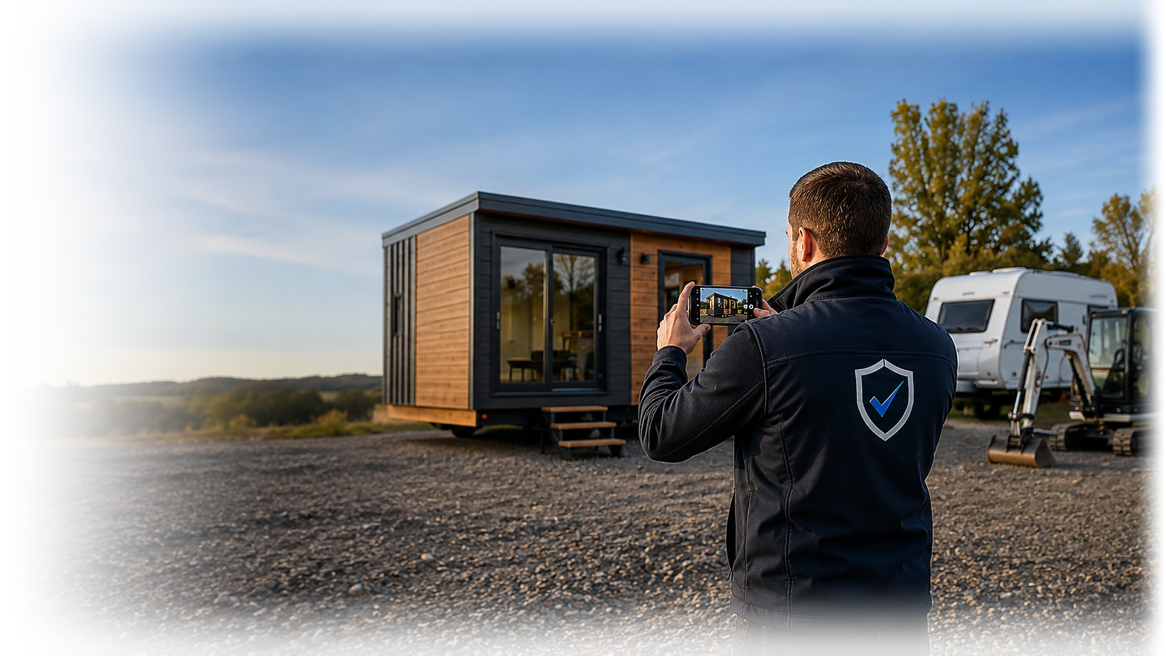Technik Druhé oči fotografuje mobilní dům; v pozadí je karavan, stavební stroj a další technika